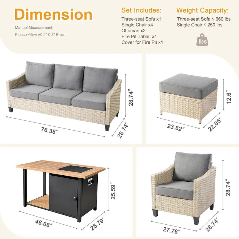 Ensemble de conversation HOOOWOOO 8 pièces en rotin tressé avec table foyer multifonctionnelle