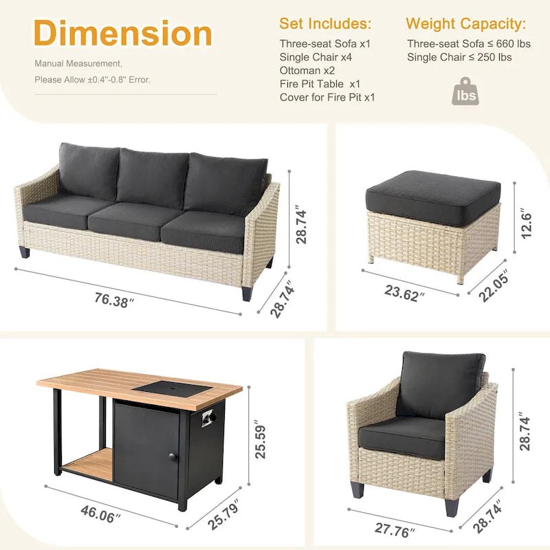 Ensemble de conversation HOOOWOOO 8 pièces en rotin tressé avec table foyer multifonctionnelle