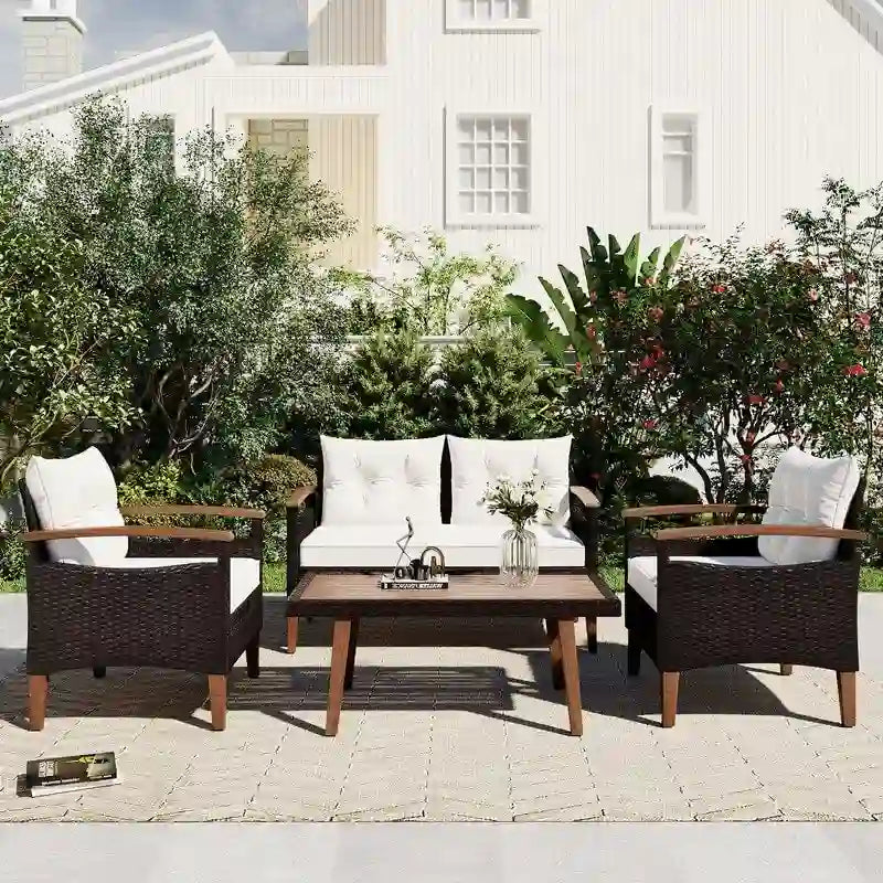 Ensemble de mobilier de jardin 4 pièces, salon de jardin en rotin PE
