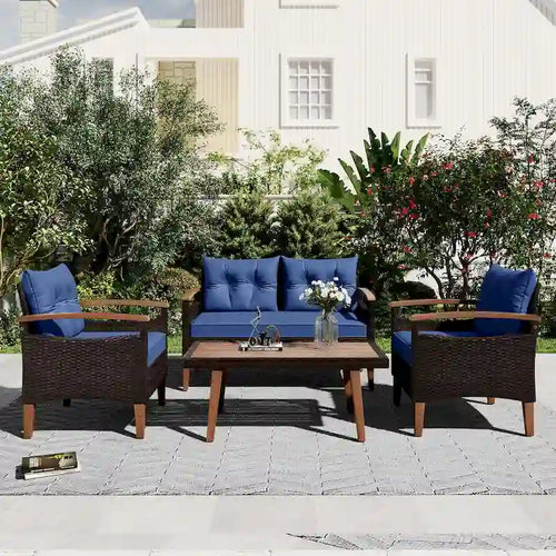Ensemble de mobilier de jardin 4 pièces, salon de jardin en rotin PE