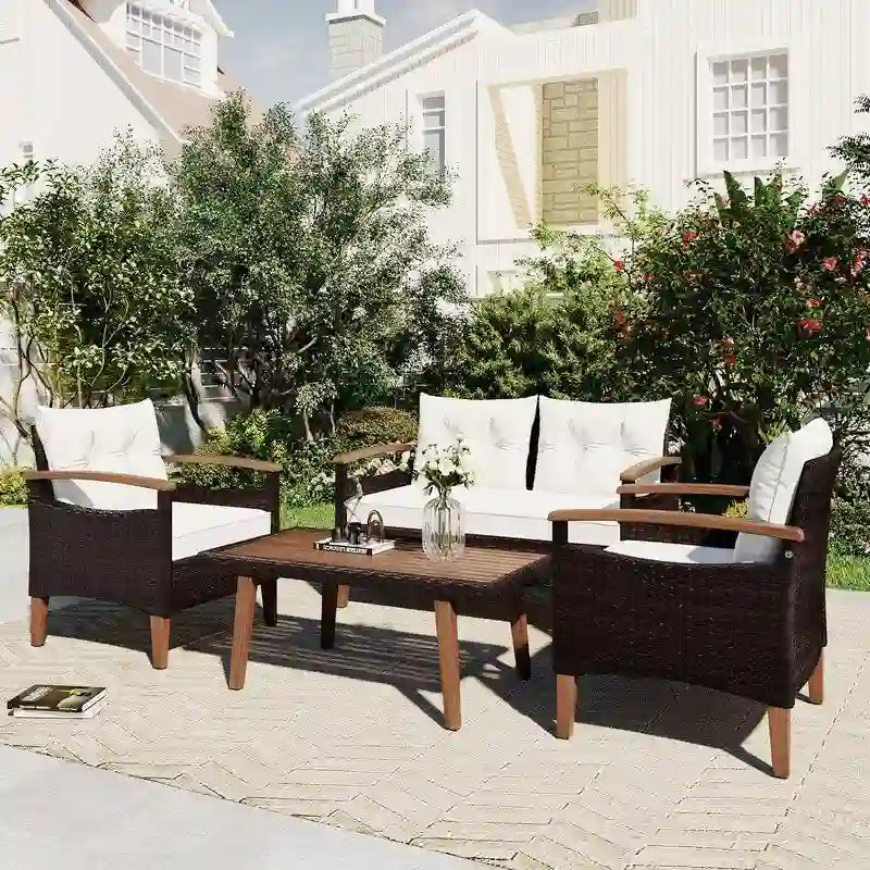 Ensemble de mobilier de jardin 4 pièces, salon de jardin en rotin PE