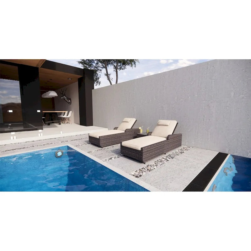 Ensemble de 3 chaises longues d'extérieur en aluminium et résine tressée réglable.