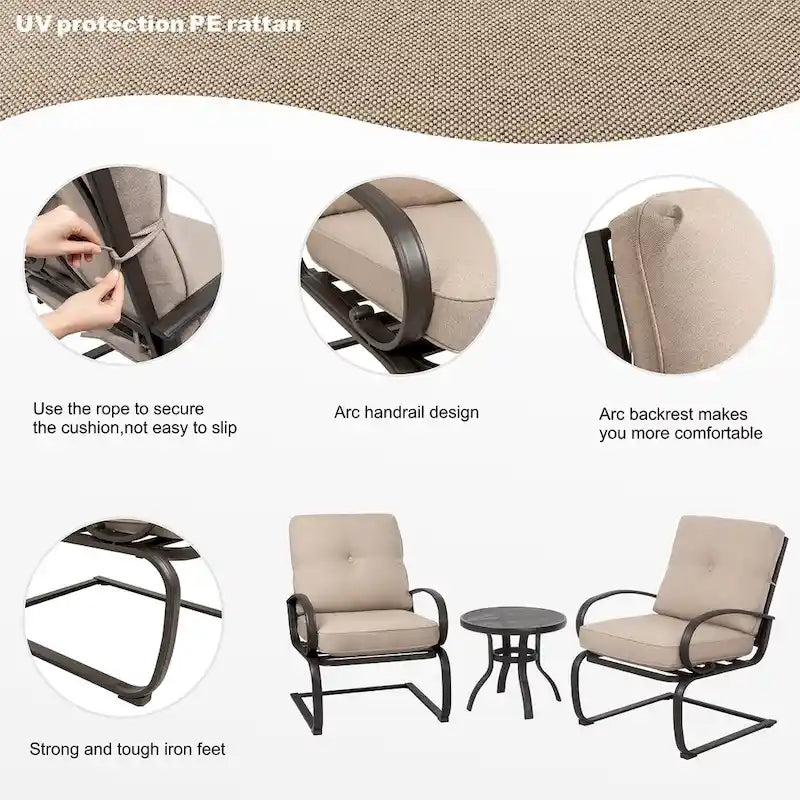 Ensemble de chaises de patio Futzca Spring, 3 pièces, mobilier de jardin avec assises rembourrées, idéal pour terrasse, jardin et cour.