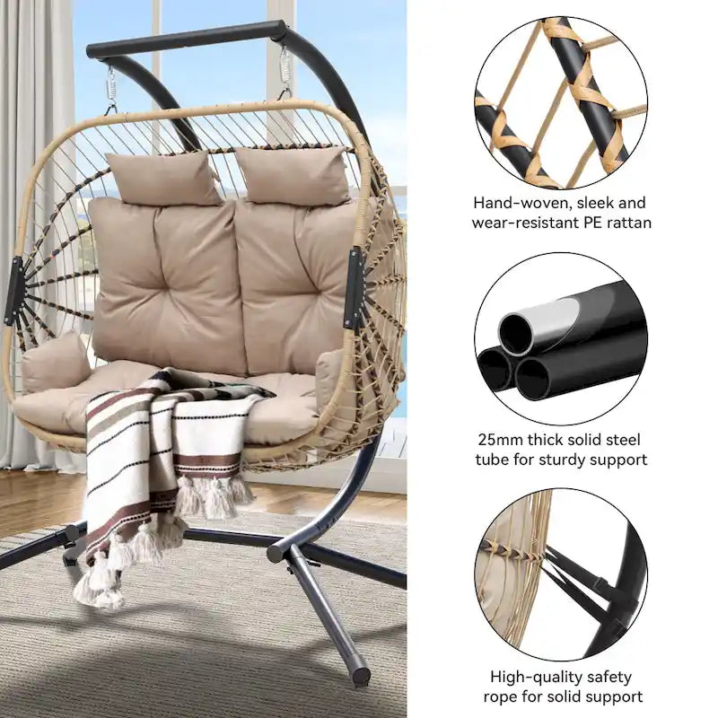 Hamac suspendu œuf pour 2 personnes avec support, utilisable en intérieur et en extérieur.