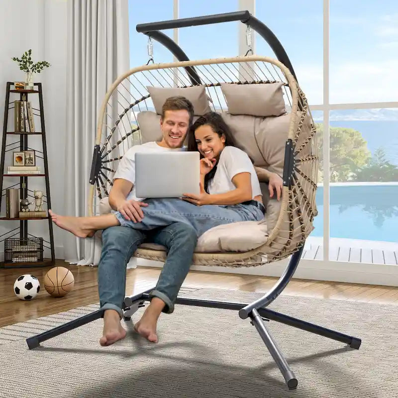 Hamac suspendu œuf pour 2 personnes avec support, utilisable en intérieur et en extérieur.