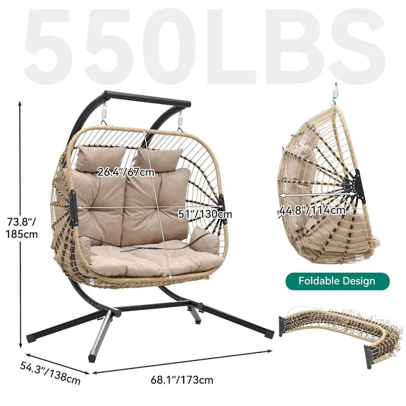 Hamac suspendu œuf pour 2 personnes avec support, utilisable en intérieur et en extérieur.