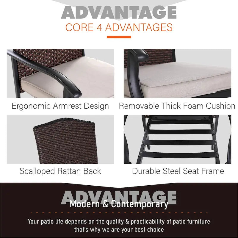 Chaises de salle à manger de patio en rotin tressé avec accoudoirs fixes et coussin (lot de 2/4/6)