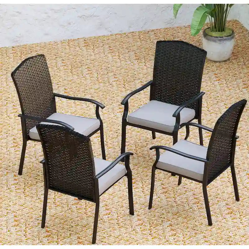 Chaises de salle à manger de patio en rotin tressé avec accoudoirs fixes et coussin (lot de 2/4/6)