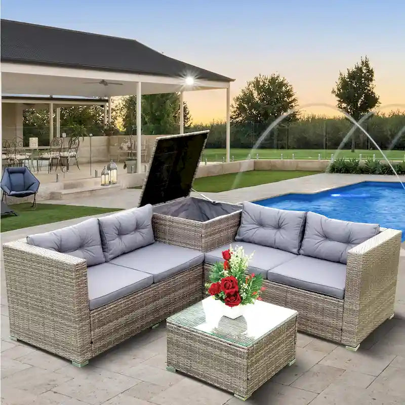 Outdoor Wicker 4 Piece Sectional Sofa Set with Storage Box