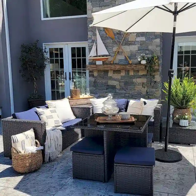 Ensemble de canapé d'angle de conversation pour patio extérieur 10 pièces avec table, tabourets et pouf