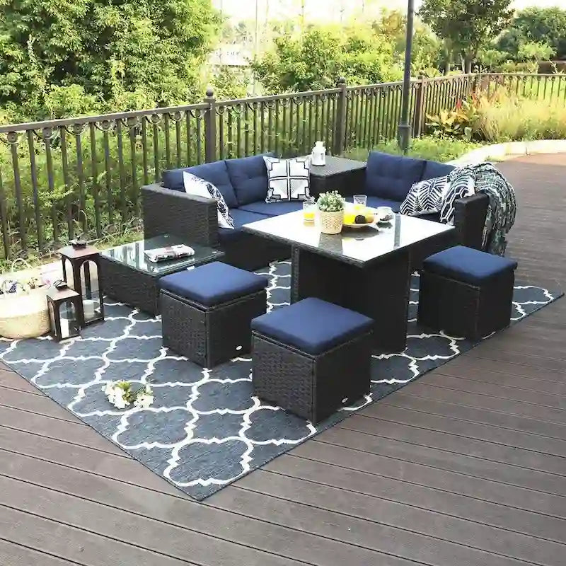 Ensemble de canapé d'angle de conversation pour patio extérieur 10 pièces avec table, tabourets et pouf