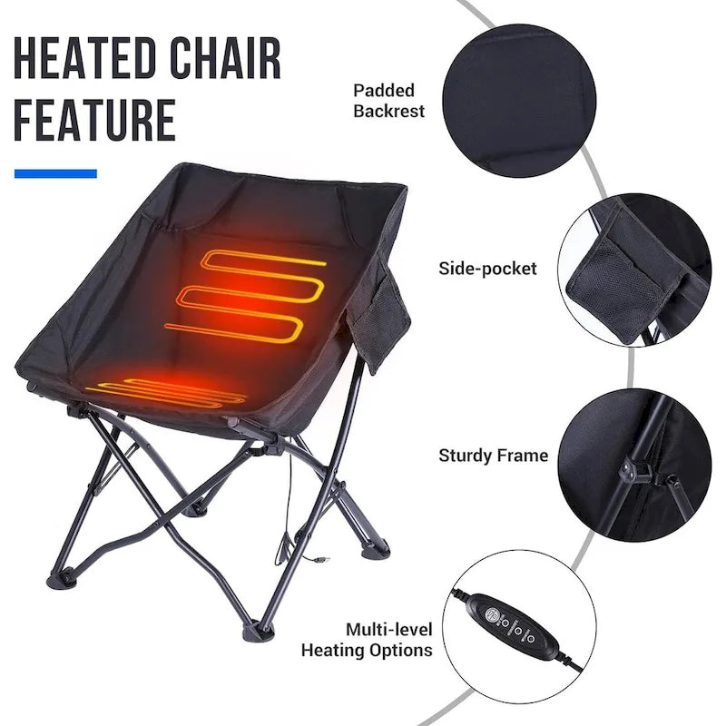 Chaise de camping chauffante, chaise pliante chauffante, portable avec sac de transport et bandoulière, batterie externe incluse