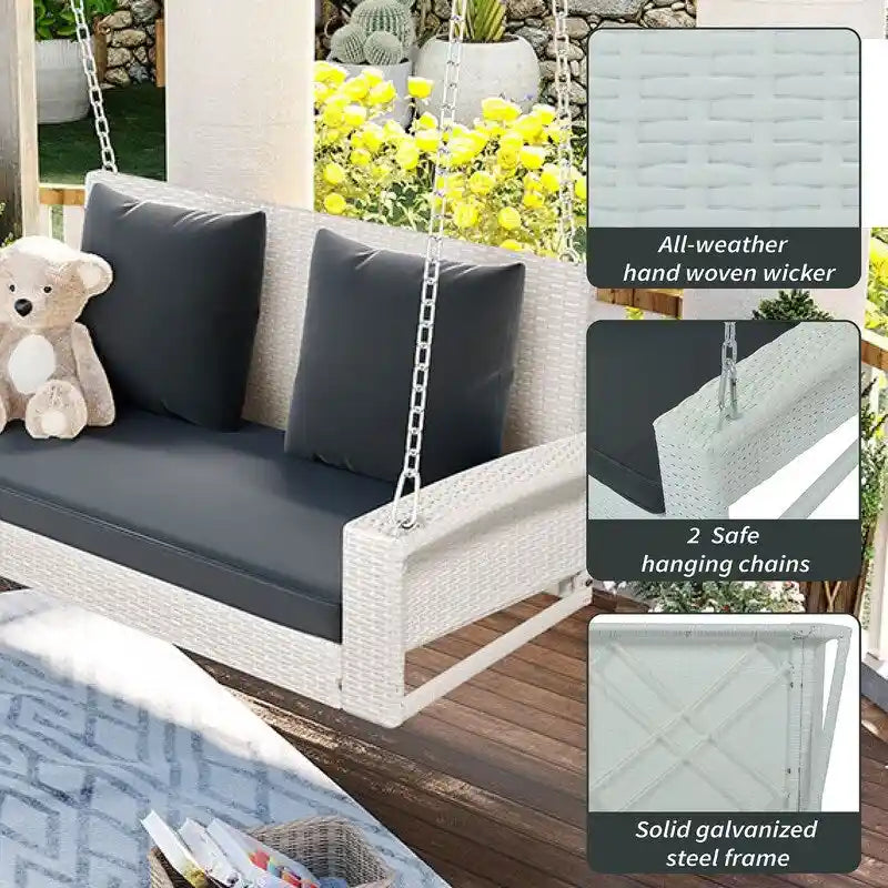 Balançoire de porche extérieure 500 lb, suspendue en osier avec chaînes et coussins