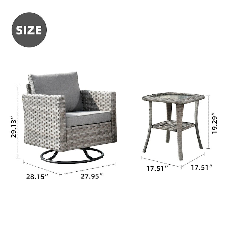 Ensemble de 3 pièces OVIOS comprenant un fauteuil à bascule pivotant en osier et une table d'appoint