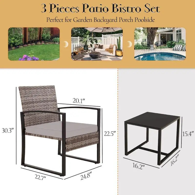 Ensemble bistro en résine tressée 3 pièces, comprenant chaises de patio et table basse - ensemble de 3