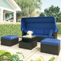 Lit de jour rectangulaire d'extérieur avec auvent rétractable, canapé d'angle en osier avec coussins lavables, jardin, véranda
