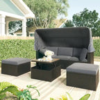 Lit de jour rectangulaire d'extérieur avec auvent rétractable, canapé d'angle en osier avec coussins lavables, jardin, véranda