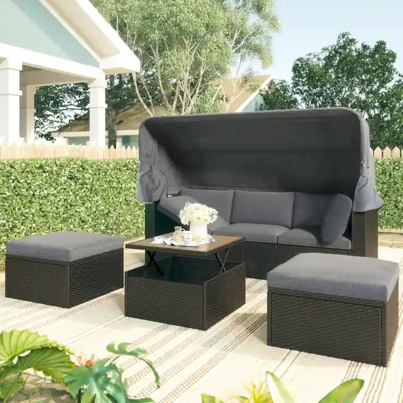 Lit de jour rectangulaire d'extérieur avec auvent rétractable, canapé d'angle en osier avec coussins lavables, jardin, véranda