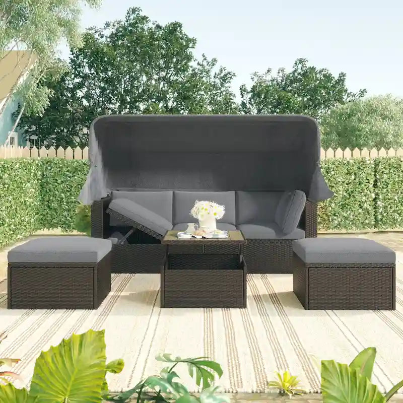 Lit de jour rectangulaire d'extérieur avec auvent rétractable, canapé d'angle en osier avec coussins lavables, jardin, véranda