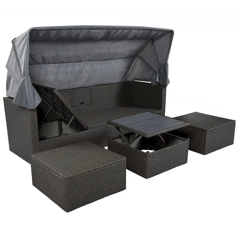 Lit de jour rectangulaire d'extérieur avec auvent rétractable, canapé d'angle en osier avec coussins lavables, jardin, véranda