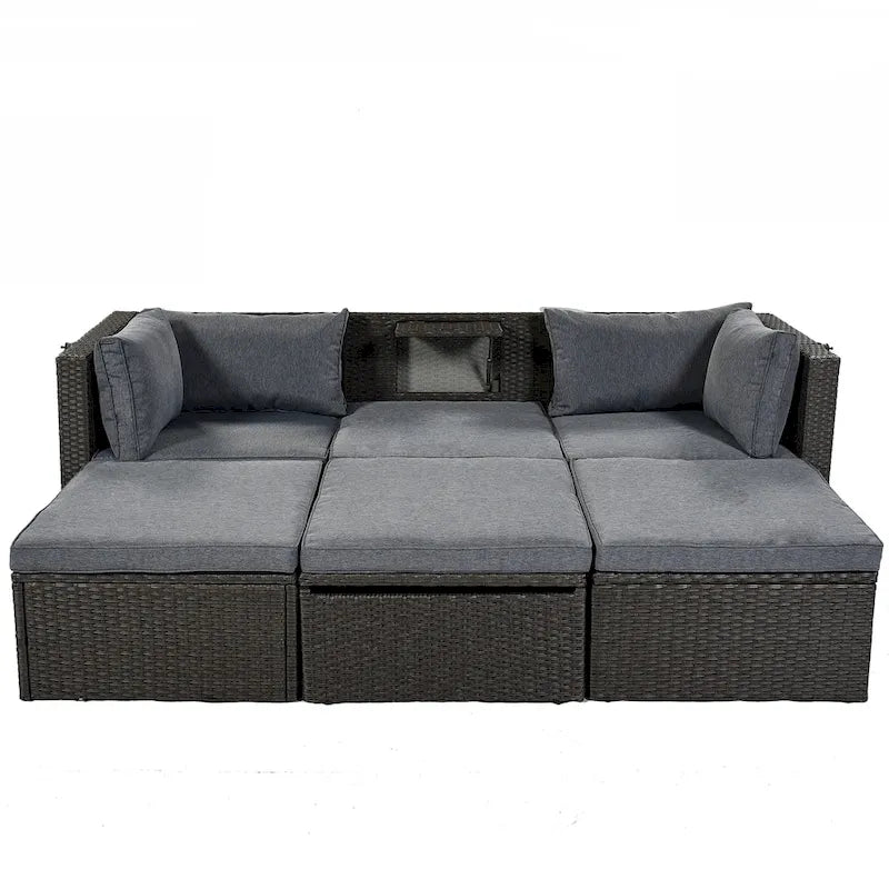 Lit de jour rectangulaire d'extérieur avec auvent rétractable, canapé d'angle en osier avec coussins lavables, jardin, véranda