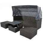 Lit de jour rectangulaire d'extérieur avec auvent rétractable, canapé d'angle en osier avec coussins lavables, jardin, véranda