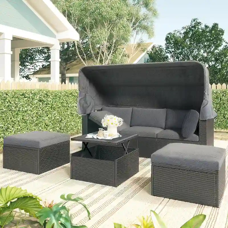 Lit de jour rectangulaire d'extérieur avec auvent rétractable, canapé d'angle en osier avec coussins lavables, jardin, véranda