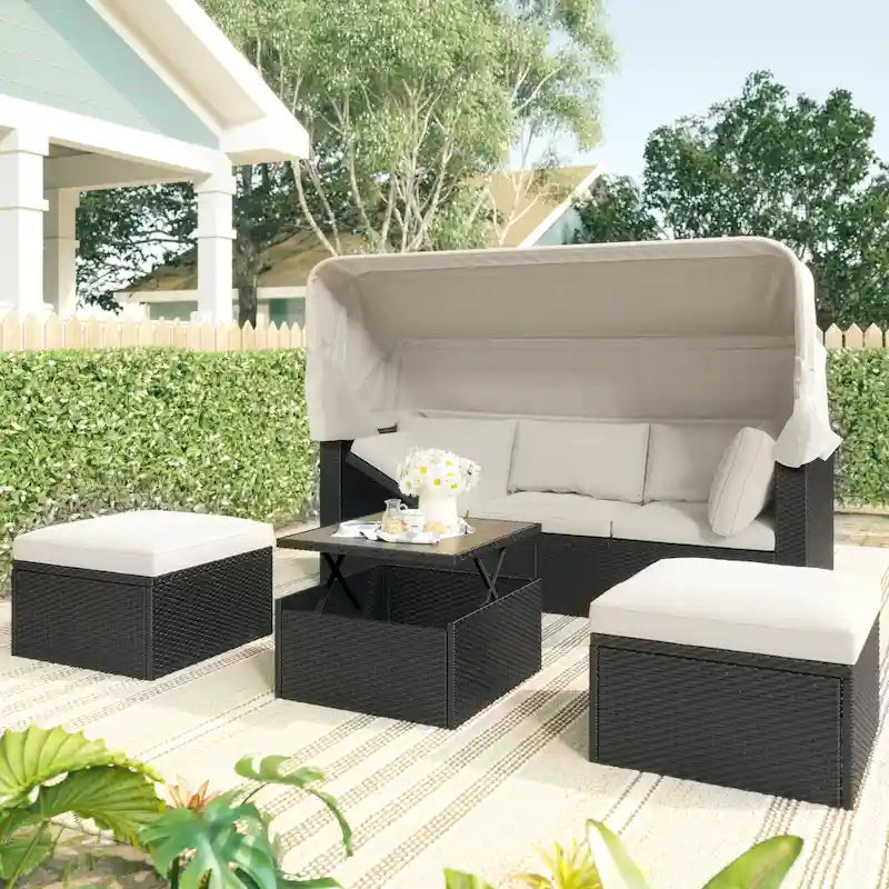 Lit de jour rectangulaire d'extérieur avec auvent rétractable, canapé d'angle en osier avec coussins lavables, jardin, véranda