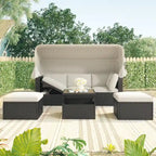 Lit de jour rectangulaire d'extérieur avec auvent rétractable, canapé d'angle en osier avec coussins lavables, jardin, véranda