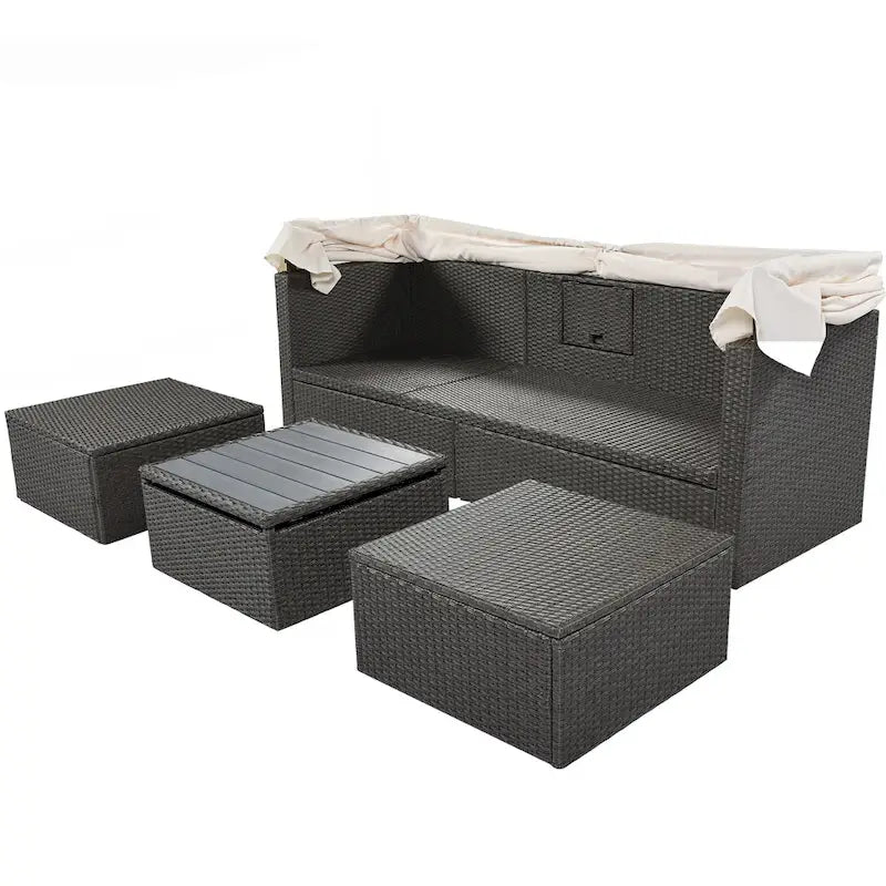 Lit de jour rectangulaire d'extérieur avec auvent rétractable, canapé d'angle en osier avec coussins lavables, jardin, véranda