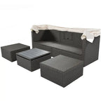 Lit de jour rectangulaire d'extérieur avec auvent rétractable, canapé d'angle en osier avec coussins lavables, jardin, véranda