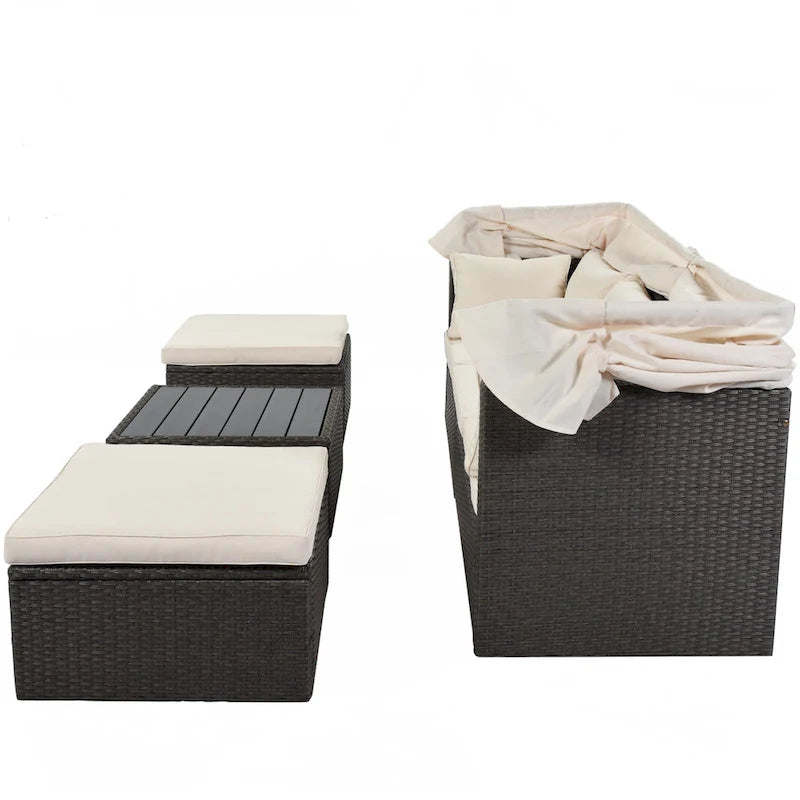 Lit de jour rectangulaire d'extérieur avec auvent rétractable, canapé d'angle en osier avec coussins lavables, jardin, véranda