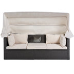 Lit de jour rectangulaire d'extérieur avec auvent rétractable, canapé d'angle en osier avec coussins lavables, jardin, véranda