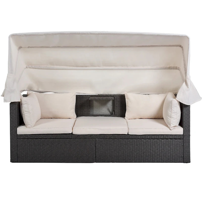 Lit de jour rectangulaire d'extérieur avec auvent rétractable, canapé d'angle en osier avec coussins lavables, jardin, véranda