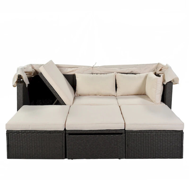 Lit de jour rectangulaire d'extérieur avec auvent rétractable, canapé d'angle en osier avec coussins lavables, jardin, véranda