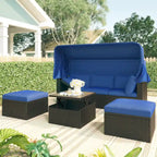 Lit de jour rectangulaire d'extérieur avec auvent rétractable, canapé d'angle en osier avec coussins lavables, jardin, véranda