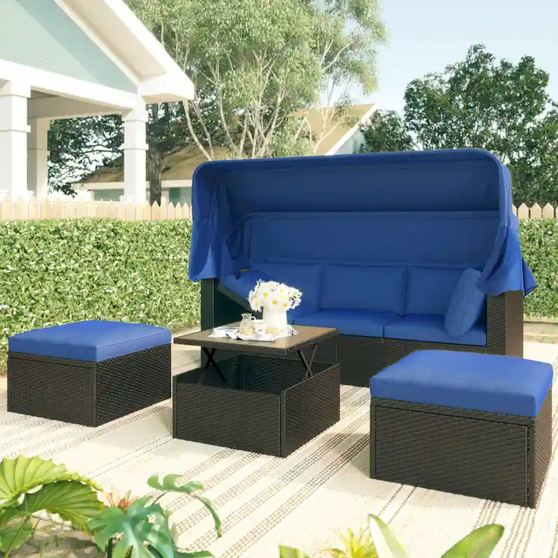Lit de jour rectangulaire d'extérieur avec auvent rétractable, canapé d'angle en osier avec coussins lavables, jardin, véranda