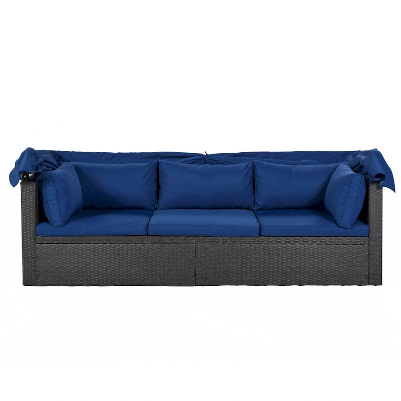 Lit de jour rectangulaire d'extérieur avec auvent rétractable, canapé d'angle en osier avec coussins lavables, jardin, véranda