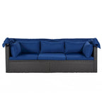Lit de jour rectangulaire d'extérieur avec auvent rétractable, canapé d'angle en osier avec coussins lavables, jardin, véranda