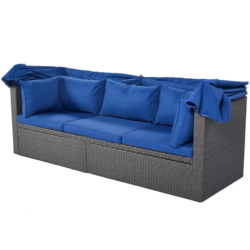 Lit de jour rectangulaire d'extérieur avec auvent rétractable, canapé d'angle en osier avec coussins lavables, jardin, véranda
