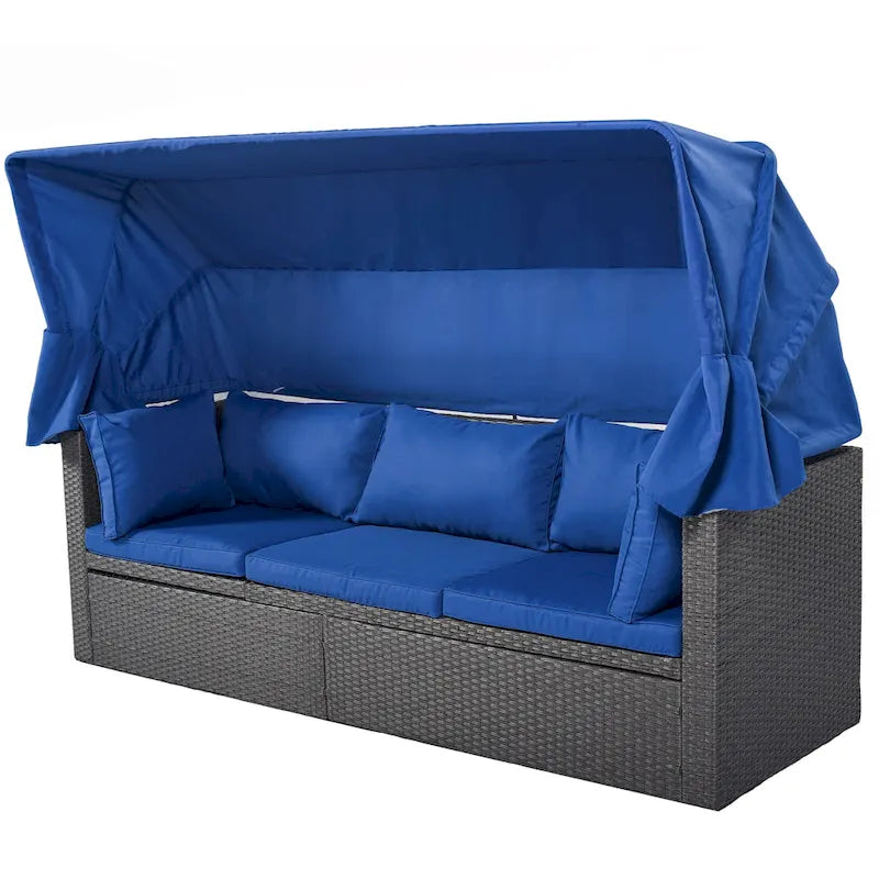 Lit de jour rectangulaire d'extérieur avec auvent rétractable, canapé d'angle en osier avec coussins lavables, jardin, véranda