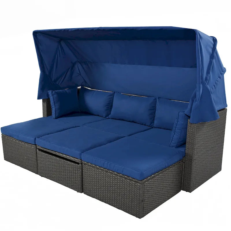 Lit de jour rectangulaire d'extérieur avec auvent rétractable, canapé d'angle en osier avec coussins lavables, jardin, véranda
