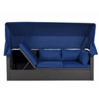 Lit de jour rectangulaire d'extérieur avec auvent rétractable, canapé d'angle en osier avec coussins lavables, jardin, véranda