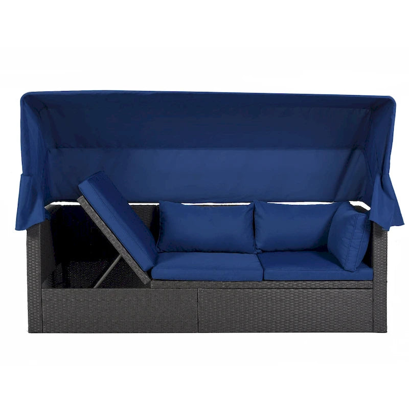 Lit de jour rectangulaire d'extérieur avec auvent rétractable, canapé d'angle en osier avec coussins lavables, jardin, véranda