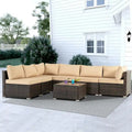 Ensemble de mobilier de jardin en résine tressée marron 7 pièces, 6 canapés, 1 table