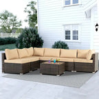 Ensemble de mobilier de jardin en résine tressée marron 7 pièces, 6 canapés, 1 table
