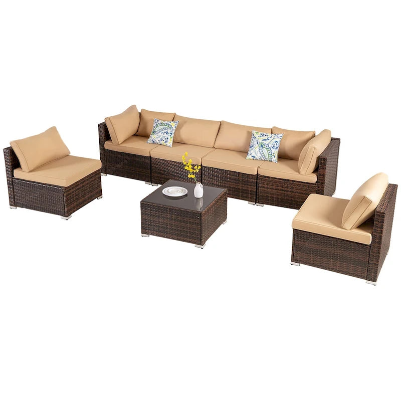 Ensemble de mobilier de jardin en résine tressée marron 7 pièces, 6 canapés, 1 table