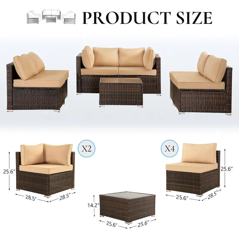 Ensemble de mobilier de jardin en résine tressée marron 7 pièces, 6 canapés, 1 table