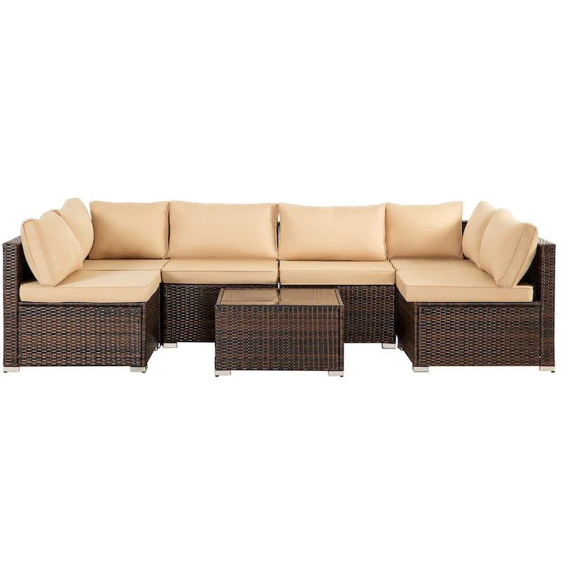 Ensemble de mobilier de jardin en résine tressée marron 7 pièces, 6 canapés, 1 table