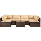 Ensemble de mobilier de jardin en résine tressée marron 7 pièces, 6 canapés, 1 table
